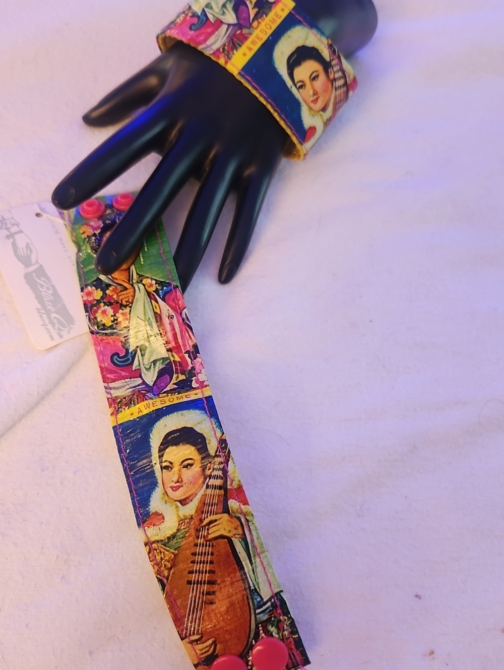 Blue Q Yellow Fabric Snap Bracelet with Multicolor Pop Art Accents